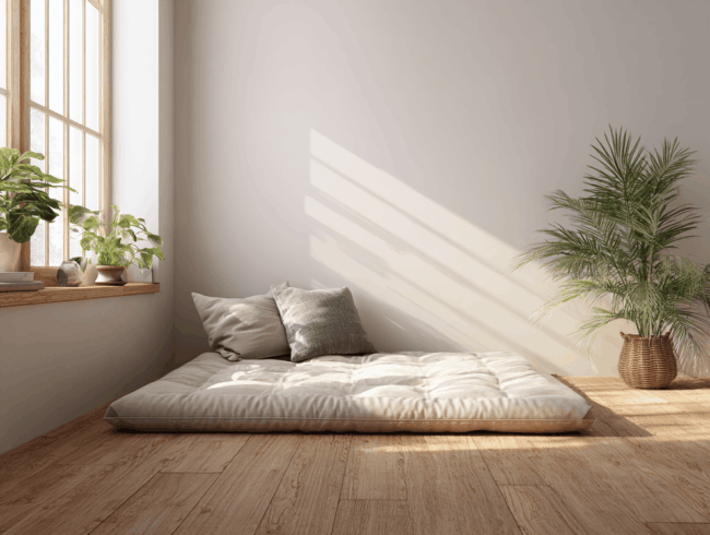 Minimalistisches Schlafzimmer mit einer Bodenmatratze mit weißen und grauen Kissen, Topfpflanzen auf der Fensterbank und einer großen Palme in einem Weidenkorb auf dem Holzboden. Das Sonnenlicht strömt durch das Fenster und wirft weiche Schatten an die Wand.