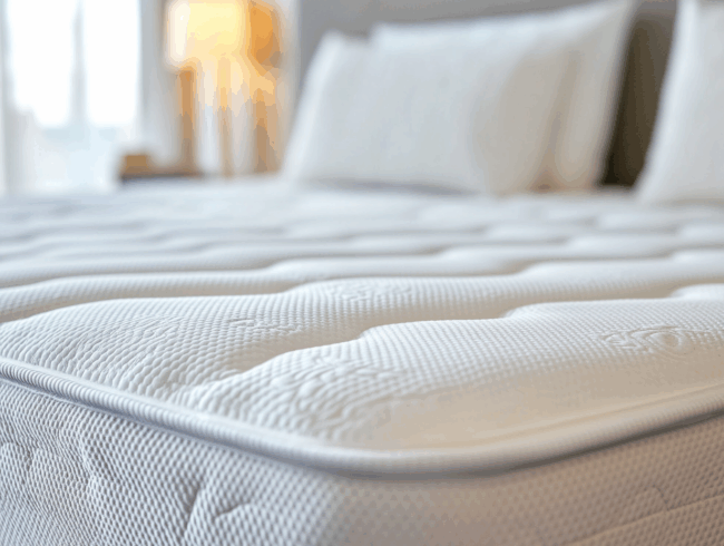 Nahaufnahme einer sauberen, weißen Matratze mit strukturierter Oberfläche, die eine hervorragende Matratzenpflege aufweist, auf einem sauber gemachten Bett mit weißen Kissen und einem unscharfen Hintergrund mit einer Lampe und sanfter Beleuchtung.