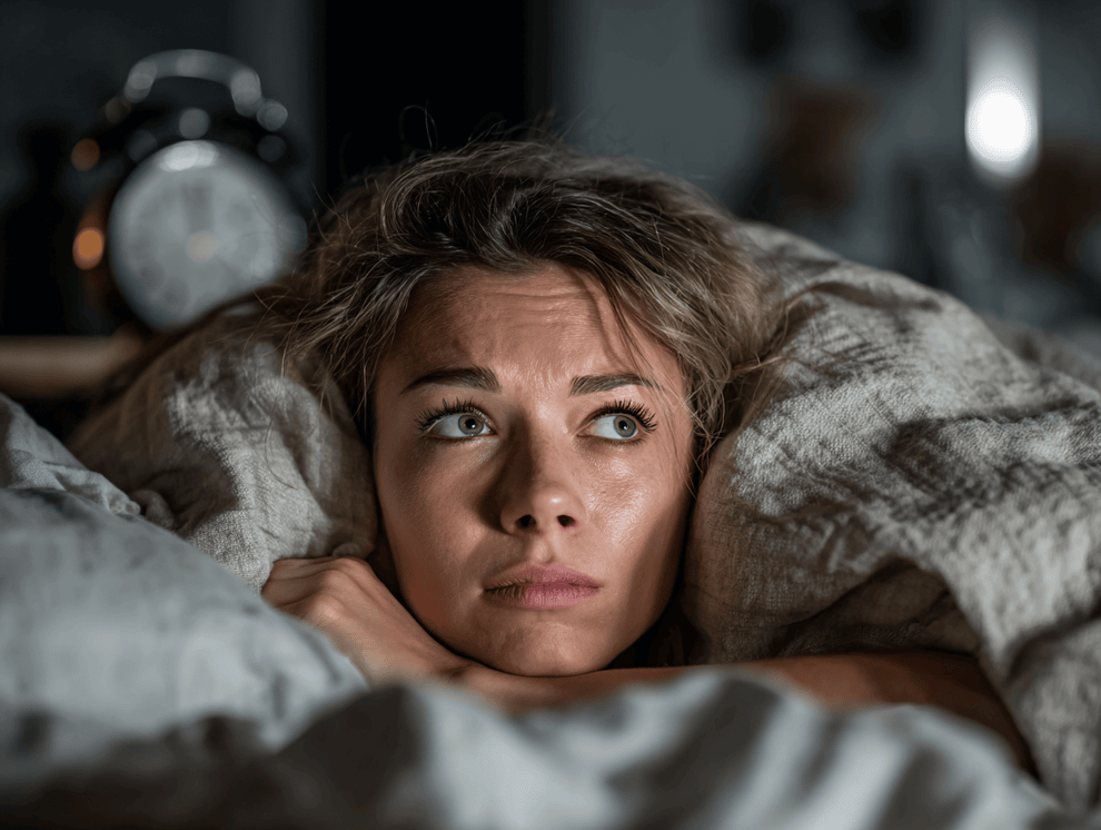 Eine junge Frau liegt im Bett unter einer Decke und sieht besorgt und unfähig zu schlafen aus. Ein unscharfer Wecker deutet auf nächtliche Schlaflosigkeit hin, die ihre Ruhe stört.