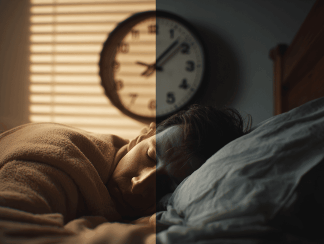 Eine Person schläft im Bett, das Bild ist geteilt, um den Schlafrhythmus zu zeigen: eine Hälfte zeigt Tageslicht mit warmen Tönen und Jalousien, die andere die Nacht mit kühlen Tönen und gedämpfter Beleuchtung. Über dem Schläfer ist eine Uhr zu sehen.