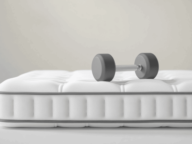 Eine graue Hantel ruht auf einer weißen, getufteten Matratze mit grauer Zierleiste, die die Stauchhärte und den Halt in dieser minimalistischen Umgebung hervorhebt.