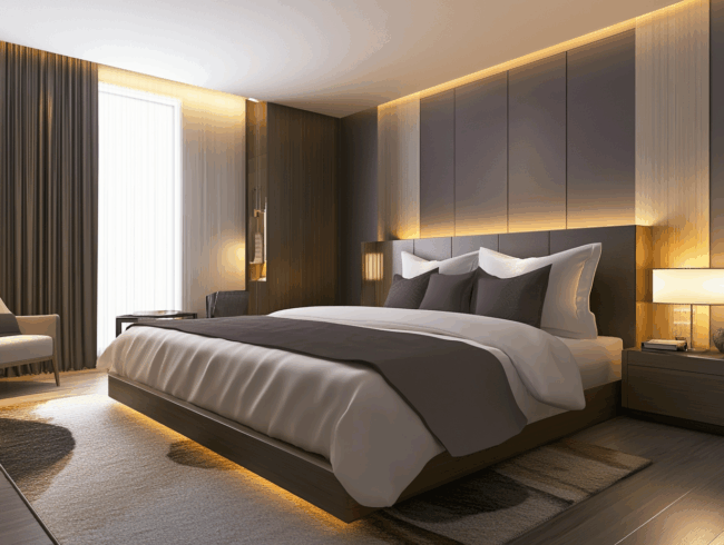 Ein modernes Schlafzimmer mit einem luxuriösen Kingsize-Bett mit grauen Akzentkissen, sanfter Beleuchtung, holzvertäfelten Wänden, raumhohen Vorhängen, einem Teppich und Nachttischen mit Lampen schafft eine gemütliche, elegante Atmosphäre.