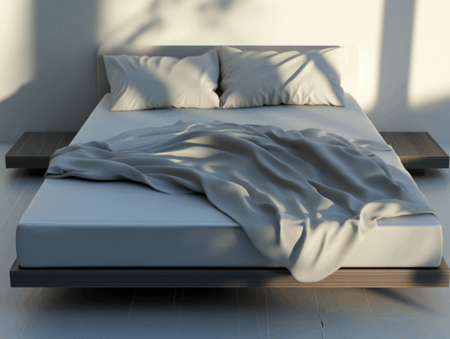 Ein modernes, minimalistisches Wasserbett mit einer grauen Decke und zwei Kissen ist in natürliches Sonnenlicht getaucht. Die Decke ist lässig drapiert, und die Schatten eines Fensters fallen auf den hellen Boden und die Wand.