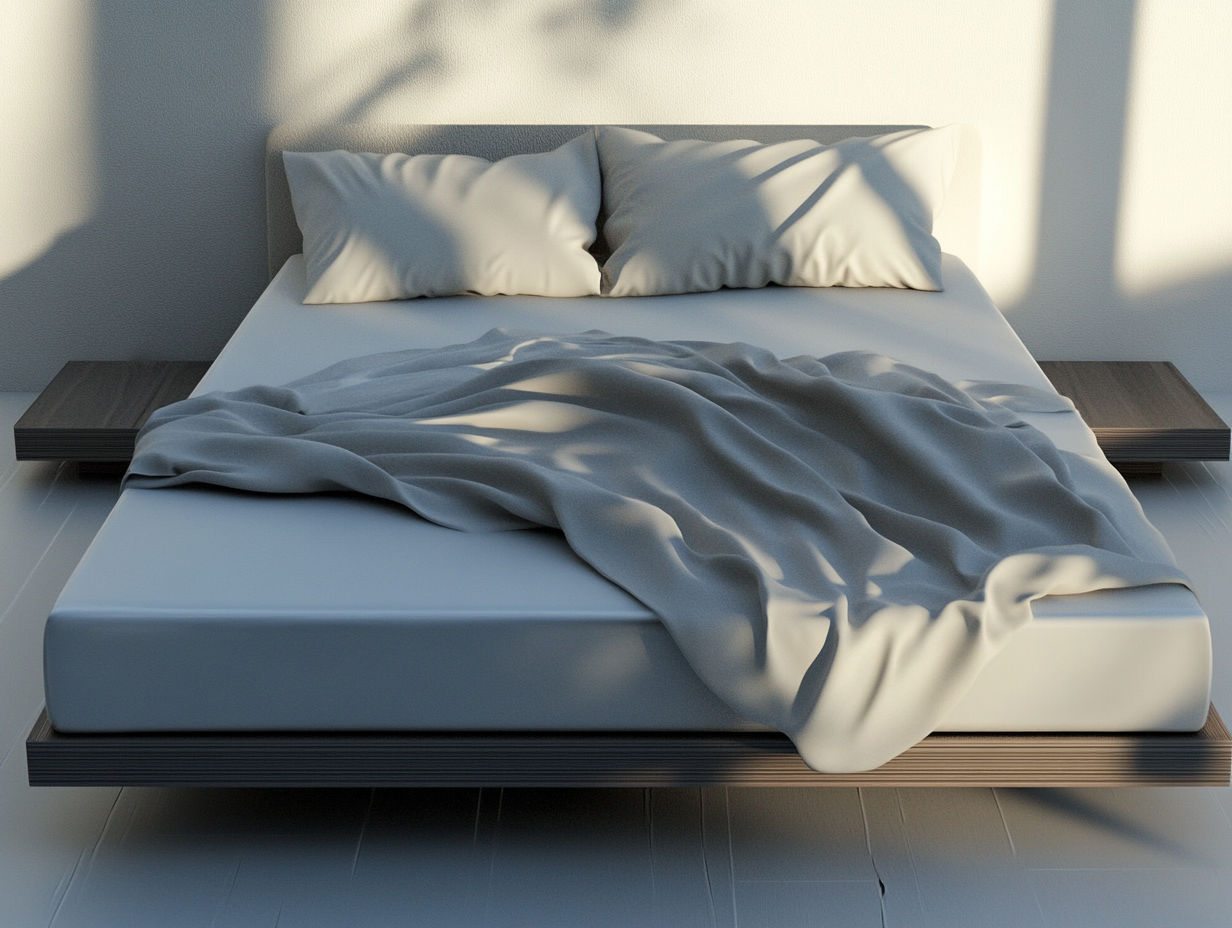 Ein modernes, minimalistisches Wasserbett mit einer grauen Decke und zwei Kissen ist in natürliches Sonnenlicht getaucht. Die Decke ist lässig drapiert, und die Schatten eines Fensters fallen auf den hellen Boden und die Wand.