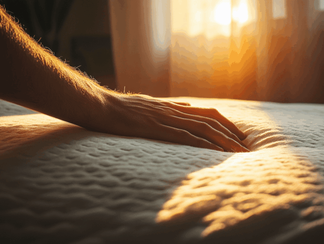 Eine Hand, die sanft auf eine strukturierte Matratzenoberfläche drückt, um den Memory-Effekt hervorzuheben, während im Hintergrund warmes Sonnenlicht durch ein Fenster fällt und weiche Schatten wirft.