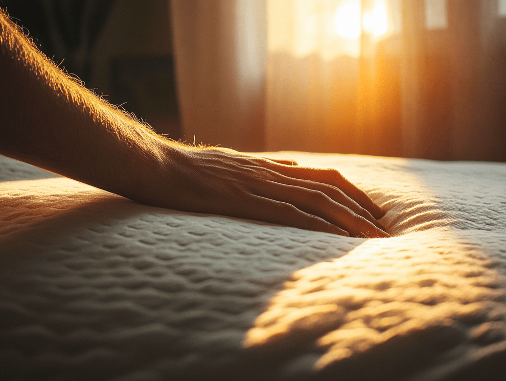 Eine Hand, die sanft auf eine strukturierte Matratzenoberfläche drückt, um den Memory-Effekt hervorzuheben, während im Hintergrund warmes Sonnenlicht durch ein Fenster fällt und weiche Schatten wirft.