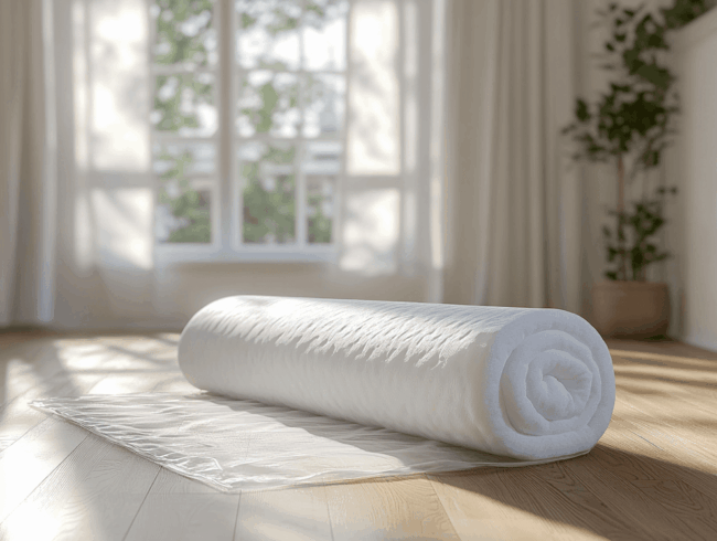 Eine zusammengerollte weiße Rollmatratze liegt auf einer Plastikfolie in einem hellen Raum mit Holzboden, großen Fenstern, durchsichtigen Vorhängen und einer Topfpflanze in der Ecke. Das Sonnenlicht strömt herein und schafft eine ruhige, luftige Atmosphäre.