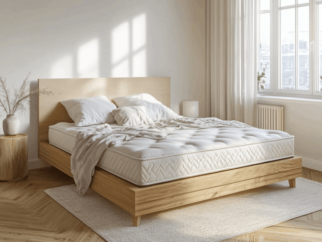 Ein sonnendurchflutetes Schlafzimmer mit einem modernen Holzbett mit einer für ihre Rückstellkraft bekannten Matratze, weichen Kissen und einer leichten Decke. Der Raum hat helle Wände, transparente Vorhänge vor einem großen Fenster und einen gemütlichen Teppich auf dem Holzboden.