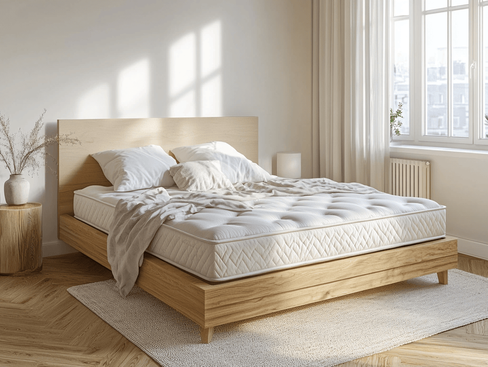 Ein sonnendurchflutetes Schlafzimmer mit einem modernen Holzbett mit einer für ihre Rückstellkraft bekannten Matratze, weichen Kissen und einer leichten Decke. Der Raum hat helle Wände, transparente Vorhänge vor einem großen Fenster und einen gemütlichen Teppich auf dem Holzboden.