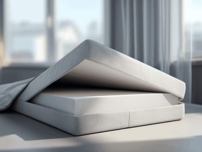 Ein ordentlich gemachtes Bett mit einer teilweise zurückgeklappten Matratzenauflage gibt den Blick auf die darunter liegende Schaumstoffmatratze frei. Das Sonnenlicht strömt durch die großen Fenster und schafft eine ruhige und gemütliche Atmosphäre im Schlafzimmer.