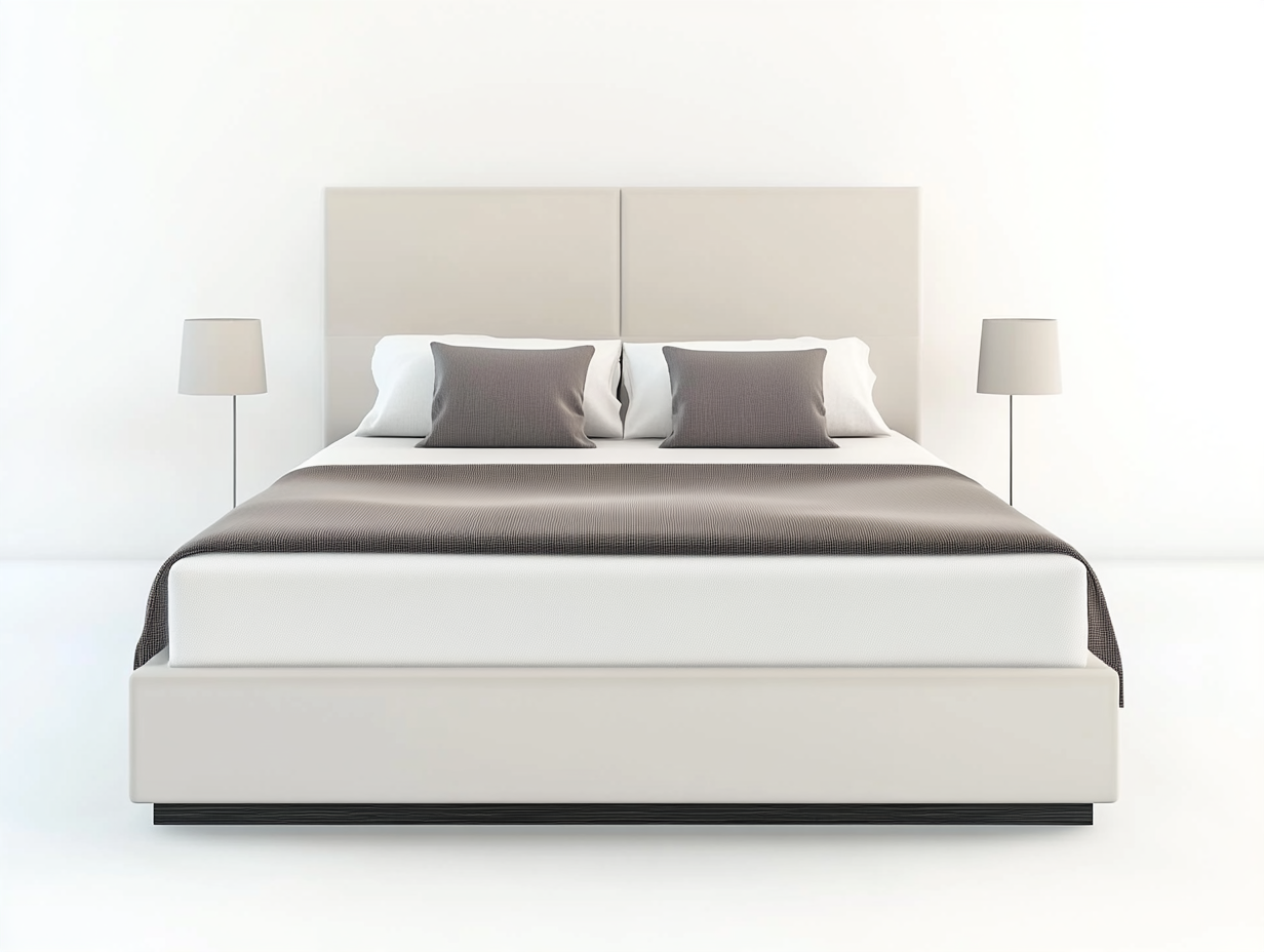 Ein modernes Ehebett in grauer und weißer Farbgebung mit zwei grauen Kissen, zwei weißen Kissen, einer grauen Decke und einem weißen Kopfteil. Zwei minimalistische Stehlampen stehen auf beiden Seiten vor einem weißen Hintergrund.