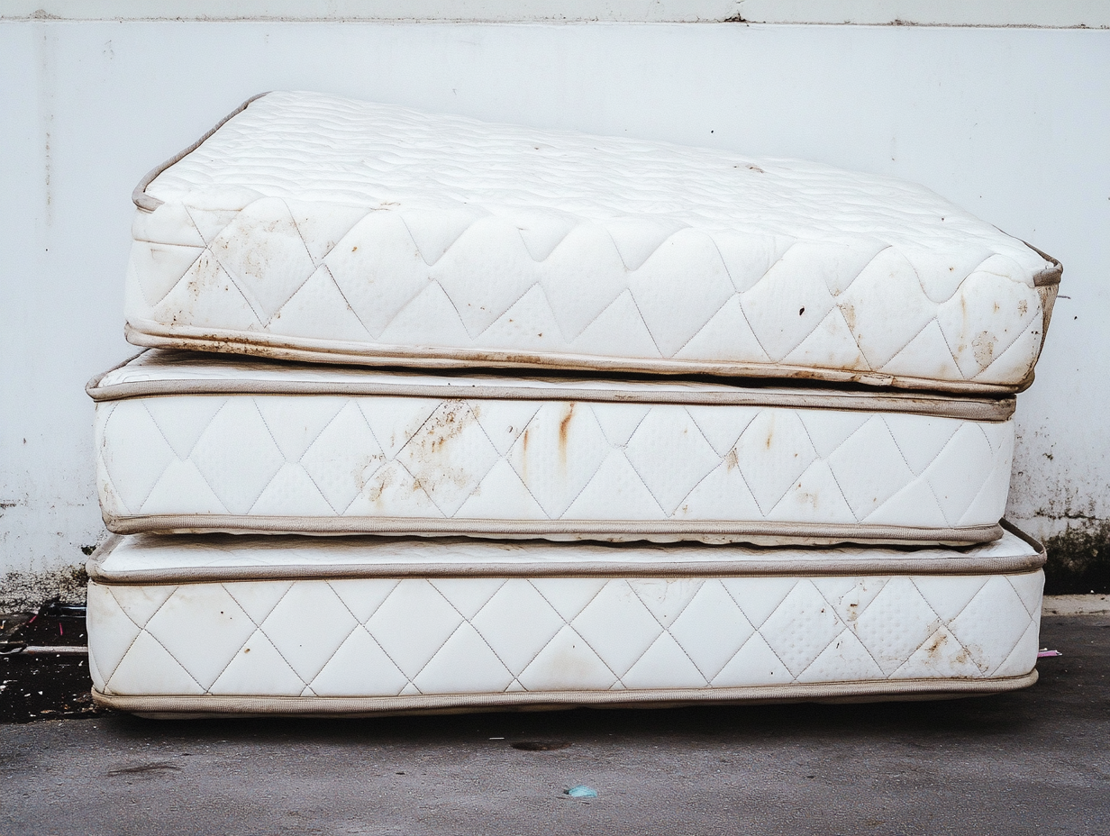 Drei fleckige und abgenutzte weiße Matratzen sind im Freien übereinander gestapelt, an einer schmutzigen weißen Wand, unter der sich ein Betonboden befindet - bereit für Matratze entsorgen.
