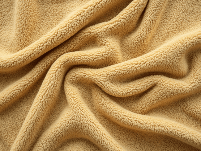 Nahaufnahme eines weichen, beigen Fleece-Stoffes mit Antipilling-Ausrüstung, der sich durch eine strukturierte, flauschige Oberfläche und sanfte Falten auszeichnet, die ein wellenförmiges Muster erzeugen.