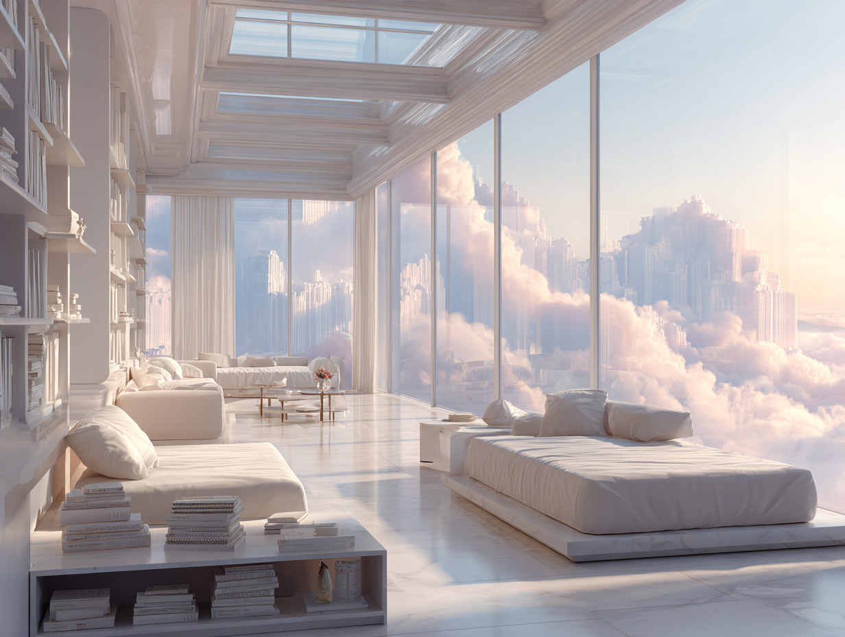 Ein luxuriöses, helles Zimmer mit weißen, modernen Möbeln und Betten, raumhohen Fenstern und Bücherregalen. Die Fenster geben einen surrealen Blick auf Wolken und ferne stadtähnliche Strukturen frei und schaffen eine verträumte, heitere Atmosphäre.