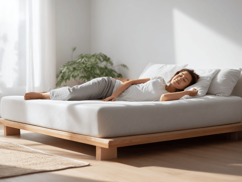 Eine Frau schläft friedlich auf der Seite in einem hellen, minimalistischen Schlafzimmer mit einem hölzernen Bettgestell, weißem Bettzeug und einer Topfpflanze am Fenster. Das Sonnenlicht fällt durch die durchsichtigen Vorhänge, während sie sich auf einer orthopädischen Matratze ausruht.