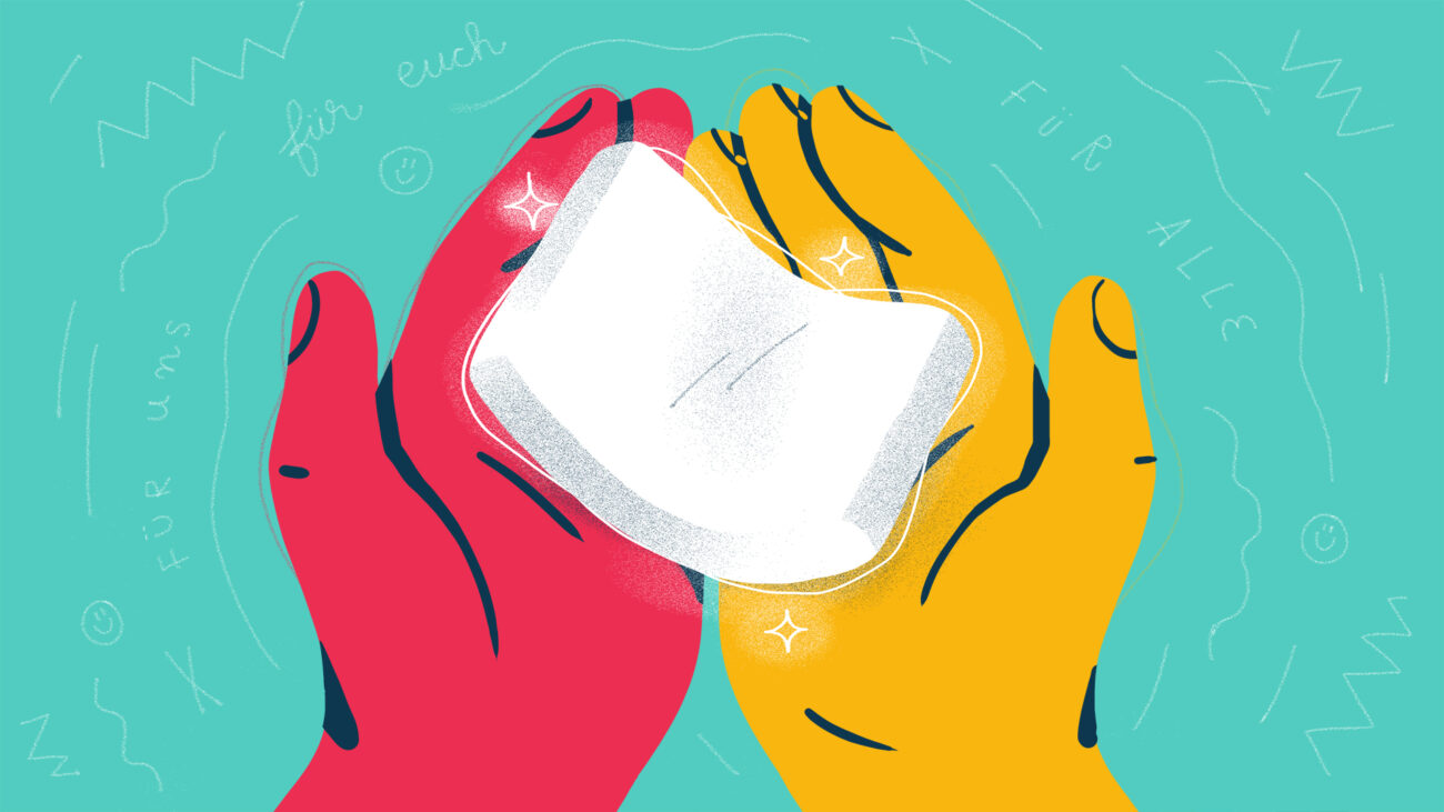 Illustration von zwei Händen, einer roten und einer gelben, die sanft eine weiße Gesichtsmaske vor einem blaugrünen Hintergrund zusammenhalten, mit wirbelnden Linien und deutschen Wörtern um sie herum.