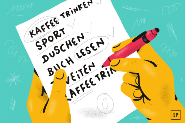 Eine Hand mit rotem Marker umkreist Punkte auf einer handgeschriebenen To-Do-Liste in deutscher Sprache, mit Tipps für die Morgenroutine wie "KAFFEE TRINKEN" und "SPORT", sowie einem Smiley am Ende für positive Ideen.
