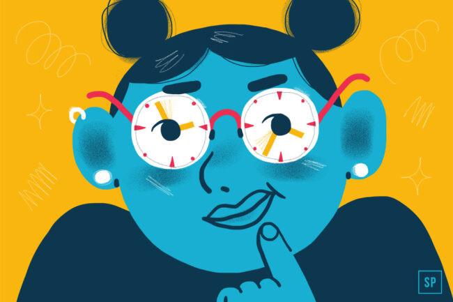 Illustration einer blauhäutigen Person mit Zifferblattbrille, rotem Gestell, Ohrringen und schwarzem Haar im Dutt vor gelbem Hintergrund. Die nachdenkliche Pose deutet auf die Zeitumstellung im März 2022 und ihre Wirkung auf Schlaf hin.