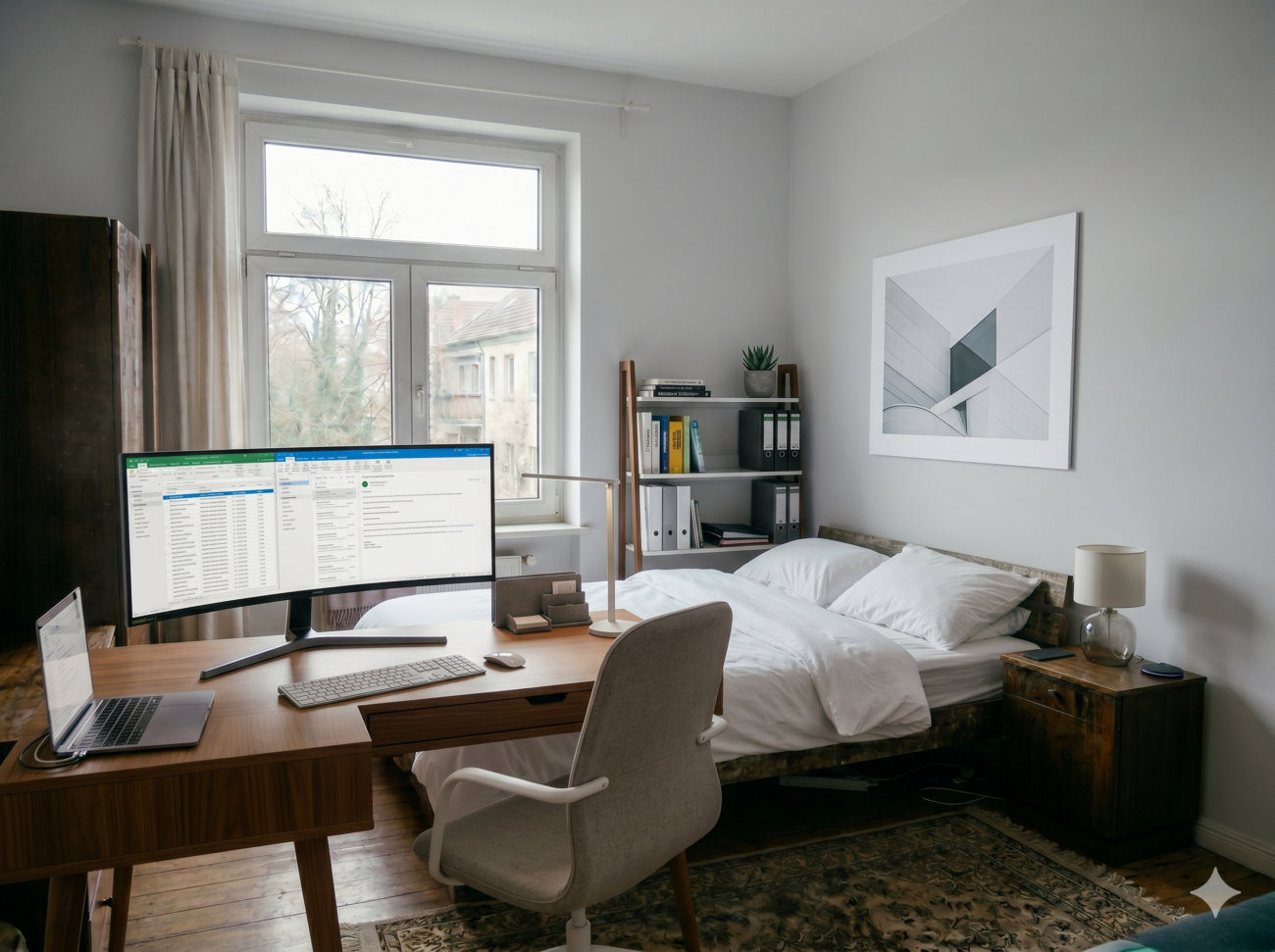 Ein modernes Home Office Schlafzimmer verfügt über einen großen Monitor auf einem Holzschreibtisch mit Tastatur, Maus und Laptop. Das Bett ist ordentlich gemacht, in den Regalen stehen Ordner und Pflanzen, und durch das Fenster strömt natürliches Licht für optimale Produktivität.