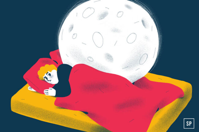 Illustration einer Person, die mit einer roten Decke im Bett liegt und erschöpft wirkt, während der Vollmond schwer auf ihrem Rücken ruht - Symbol für schlecht schlafen und die Last des ruhelosen Schlafs.
