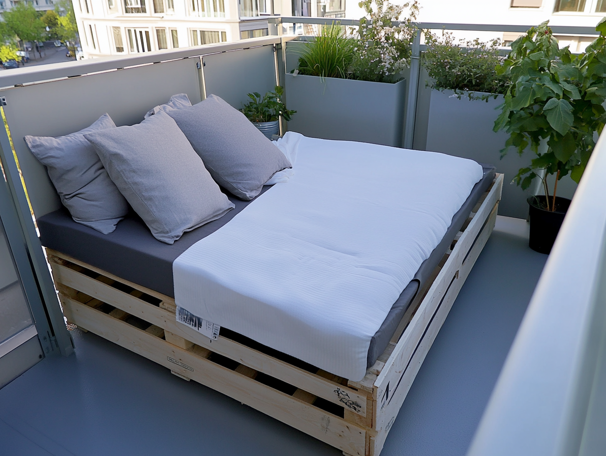 Ein ordentlich gemachtes Bett mit grauer und weißer Bettwäsche steht auf einem hölzernen Palettenrahmen aus Upcycling einer alten Matratze, umgeben von grünen Topfpflanzen und Milchglasscheiben auf einem kleinen Wohnungsbalkon.