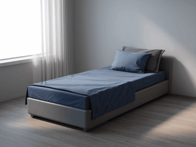 Ein sauber gemachtes Einzelbett mit blauen Laken und Kissen und einer Antidekubitis-Matratze steht in einem minimalistischen Raum mit hellen Wänden, Holzfußboden und Sonnenlicht, das durch ein Fenster mit weißen Vorhängen einfällt.