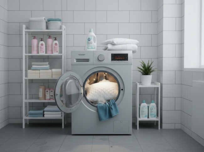 In einer modernen Waschküche mit weiß gefliesten Wänden steht eine Frontlader-Waschmaschine - ideal zum Kopfkissen waschen - mit geöffneter Tür, einem blauen Handtuch und einer weißen Decke darin. In den Regalen stehen Waschmittel, gefaltete Handtücher und eine Topfpflanze.