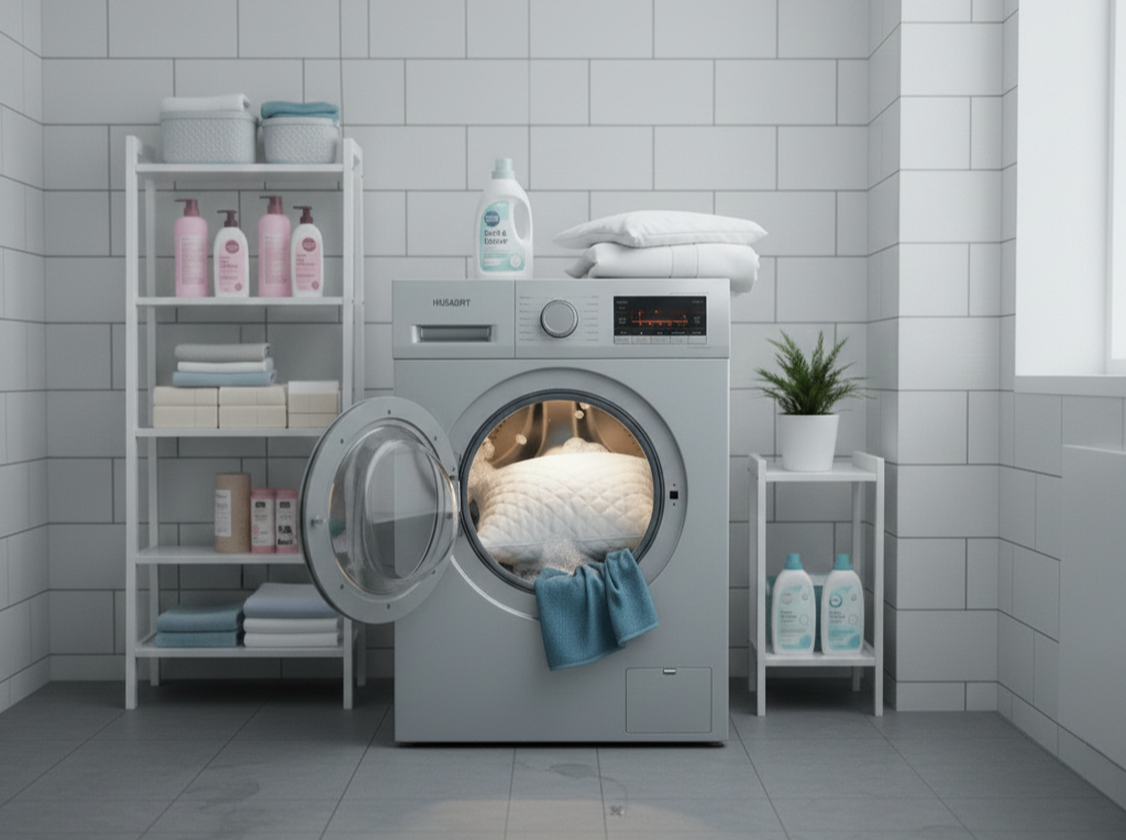 In einer modernen Waschküche mit weiß gefliesten Wänden steht eine Frontlader-Waschmaschine - ideal zum Kopfkissen waschen - mit geöffneter Tür, einem blauen Handtuch und einer weißen Decke darin. In den Regalen stehen Waschmittel, gefaltete Handtücher und eine Topfpflanze.