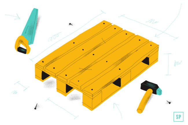 Illustration eines hölzernen Palettenbettes auf einer Palette, mit Säge und Hammer daneben, umgeben von skizzierten Maßlinien - ideal für alle, die eine DIY-Anleitung zum Selber bauen suchen.