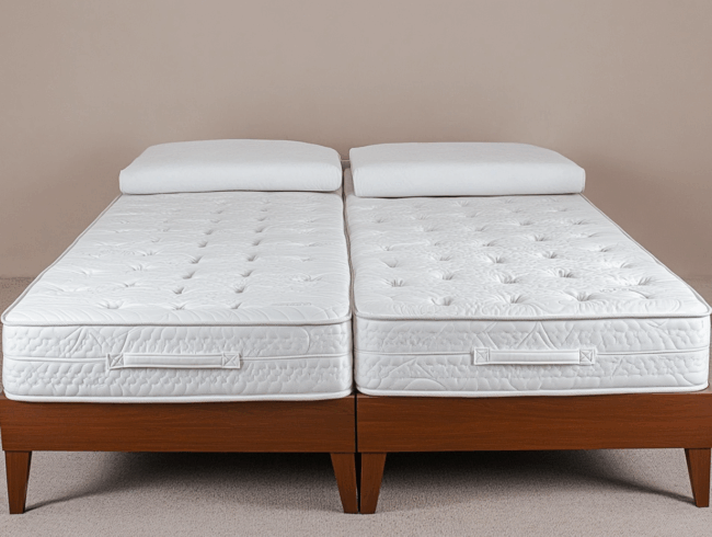 Zwei Einzelmatratzen mit weißen Steppbezügen liegen nebeneinander und haben daher eine Besucherritze in der Mitte