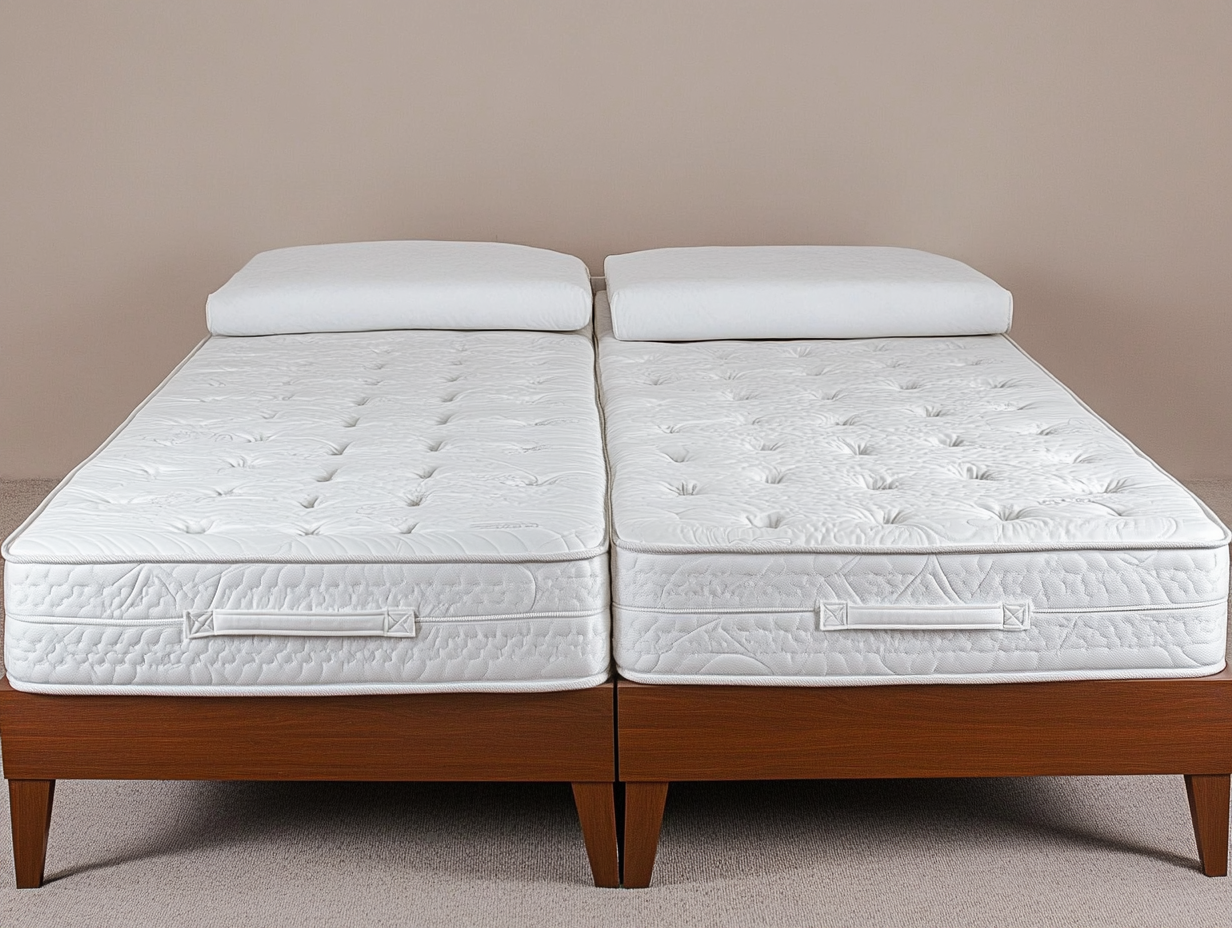 Zwei Einzelmatratzen mit weißen Steppbezügen liegen nebeneinander und haben daher eine Besucherritze in der Mitte