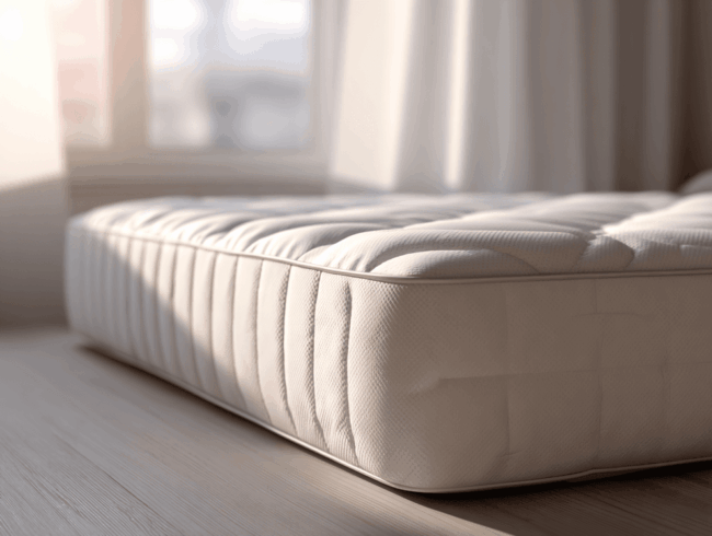 Eine Nahaufnahme einer weißen, getufteten Matratze auf einem Holzboden, mit Sonnenlicht, das durch ein Fenster fällt, und weißen Vorhängen im Hintergrund, die die Atmungsaktivität der Materialien hervorheben.