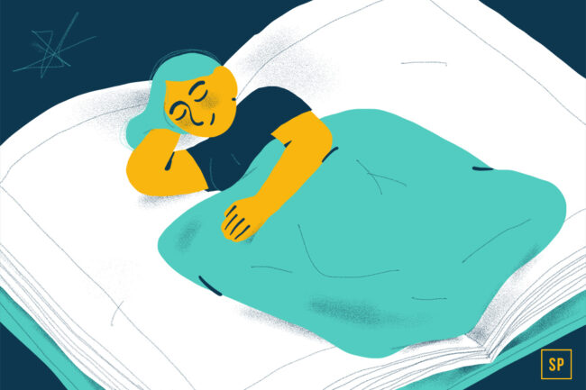 Illustration einer Person mit blaugrünem Haar, die friedlich unter einer blaugrünen Decke auf einem offenen Buch schläft, mit einem dunkelblauen Hintergrund und einem kleinen Stern in der Ecke - perfekt für Fans von Schlafbüchern.