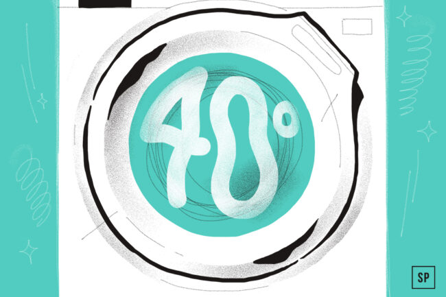 Eine illustrierte Waschmaschinentür zeigt 40° in großen weißen Ziffern auf türkisfarbenem Hintergrund an, was auf eine 40-Grad-Wäsche-Einstellung hinweist. Das Bild hat einen klaren, modernen Stil mit dekorativen Akzenten.