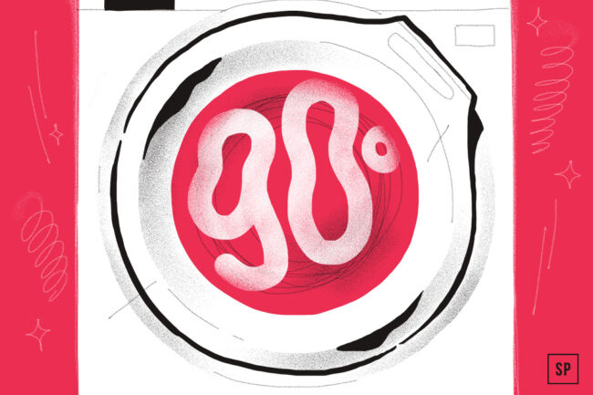 Illustration einer Waschmaschinentür mit 90° in fetter weißer Schrift auf rotem Hintergrund, die eine Hochtemperatur-90-Grad-Wäsche hervorhebt. Die Maschine ist schwarz umrandet und an den Seiten mit roten Paneelen versehen.