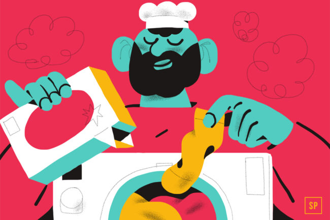 Illustration einer bärtigen Person mit Kochmütze, die Waschmittel aus einer Schachtel ausgießt und eine gelbe Socke in eine Waschmaschine legt, vor einem leuchtend rosa Hintergrund mit wolkenartigen Formen.