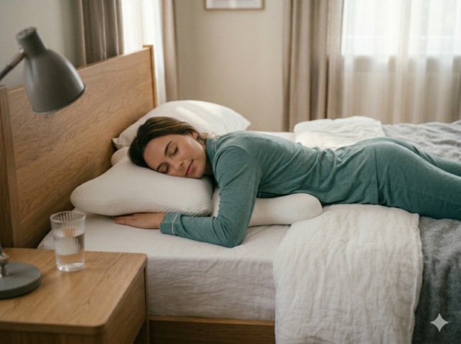 Eine Frau in grünem Schlafanzug schläft auf dem Bauch auf einem Bett und drückt sich an ein weißes Bauchschläferkissen. Neben ihr stehen ein Glas Wasser und eine Lampe auf einem hölzernen Nachttisch. Der Raum ist mit natürlichem Tageslicht sanft beleuchtet.