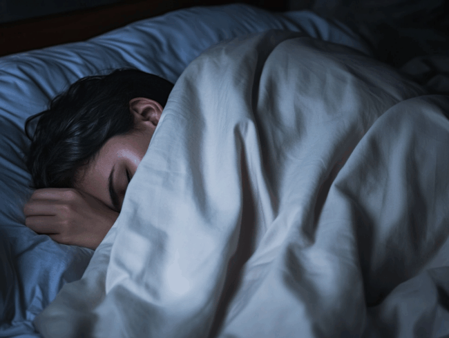 Eine dunkelhaarige Person schläft auf einem Bett, teilweise mit einer weißen Decke zugedeckt, den Kopf auf ein Kissen gestützt und eine Hand in der Nähe des Gesichts - vielleicht mit einer Schlafparalyse - in einem schwach beleuchteten Raum.