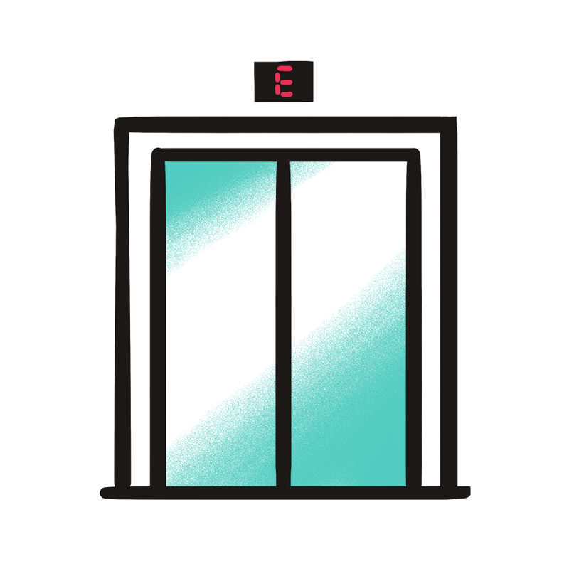 Illustration von geschlossenen Aufzugstüren mit einem rechteckigen Rahmen. Über den Türen befindet sich eine Digitalanzeige, die den Buchstaben E in Rot auf schwarzem Hintergrund zeigt. Die Türen haben eine hellblaue Tönung.