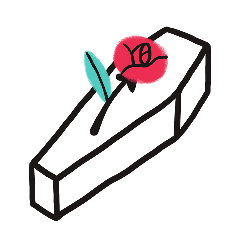 Eine einfache Illustration eines Sarges mit einer einzelnen roten Rose und einem grünen Blatt darauf, gezeichnet in fetten schwarzen Linien auf einem weißen Hintergrund.