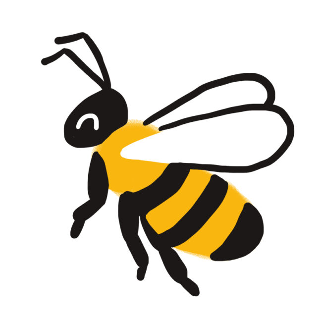Eine einfache Zeichnung im Cartoon-Stil einer Biene mit gelben und schwarzen Streifen, zwei Flügeln, sechs Beinen und zwei Fühlern auf einem weißen Hintergrund.