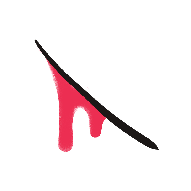 Eine schwarze diagonale Linie mit leuchtend roter Farbe, die von der Unterseite nach unten tropft, auf einem weißen Hintergrund. Die Farbe bildet zwei markante Tropfen, die ein minimalistisches, abstraktes Design schaffen.