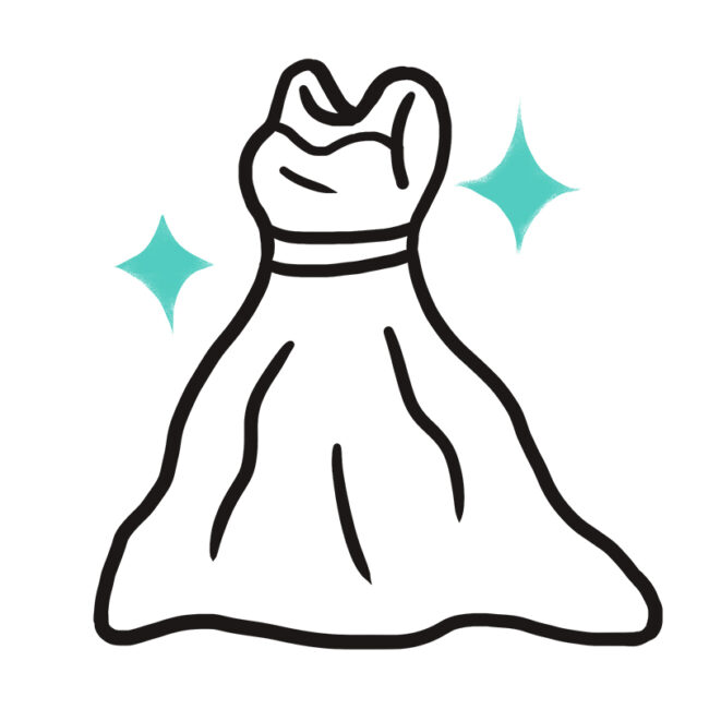 Eine einfache schwarz-weiße Strichzeichnung eines formellen, trägerlosen Kleides mit tailliertem Mieder und ausgestelltem Rock. Neben dem Kleid sind zwei blaugrüne Glitzersteine abgebildet, die andeuten, dass es sauber oder besonders ist.