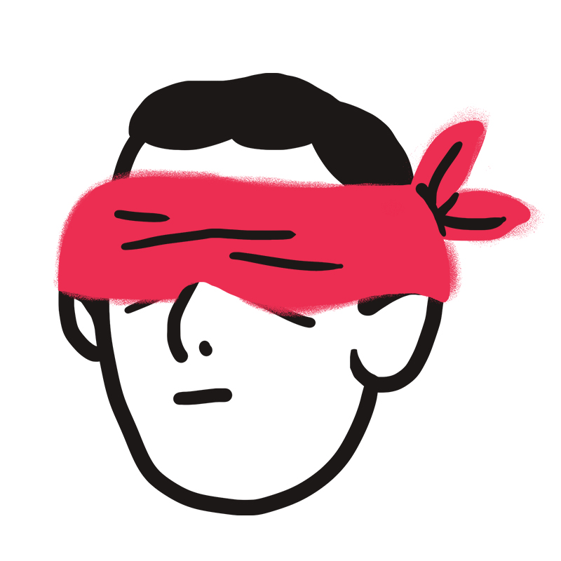 Eine einfache Illustration des Gesichts einer Person mit kurzen dunklen Haaren, die eine rote Augenbinde am Hinterkopf trägt. Der Ausdruck ist neutral.