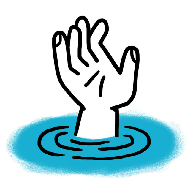 Eine Zeichnung im Cartoon-Stil, die eine über Wasser erhobene Hand zeigt, die von Wellen umgeben ist, was darauf hindeutet, dass die Person Hilfe braucht oder ertrinkt.