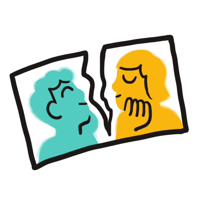 Eine Zeichnung eines in zwei Hälften gerissenen Fotos, auf dem sich zwei Personen gegenüberstehen - die eine in blaugrüner, die andere in gelber Farbe - symbolisiert eine Trennung oder einen Bruch.