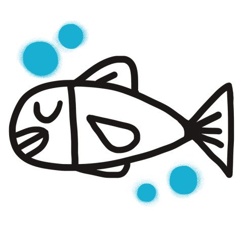 Einfache schwarze Strichzeichnung eines Fisches mit geschlossenen Augen, umgeben von vier blauen Blasen unterschiedlicher Größe auf weißem Hintergrund. Der Fisch wirkt ruhig und hat minimale, cartoon-artige Züge.