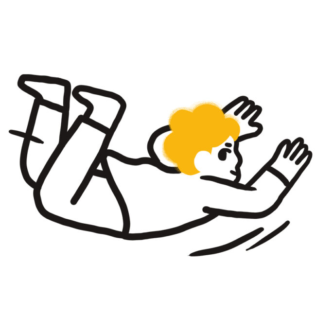 Eine einfache Strichzeichnung eines Kindes mit gelben Haaren, das auf dem Bauch nach vorne rutscht, die Arme nach vorne ausgestreckt und die Beine nach oben gebeugt hat.