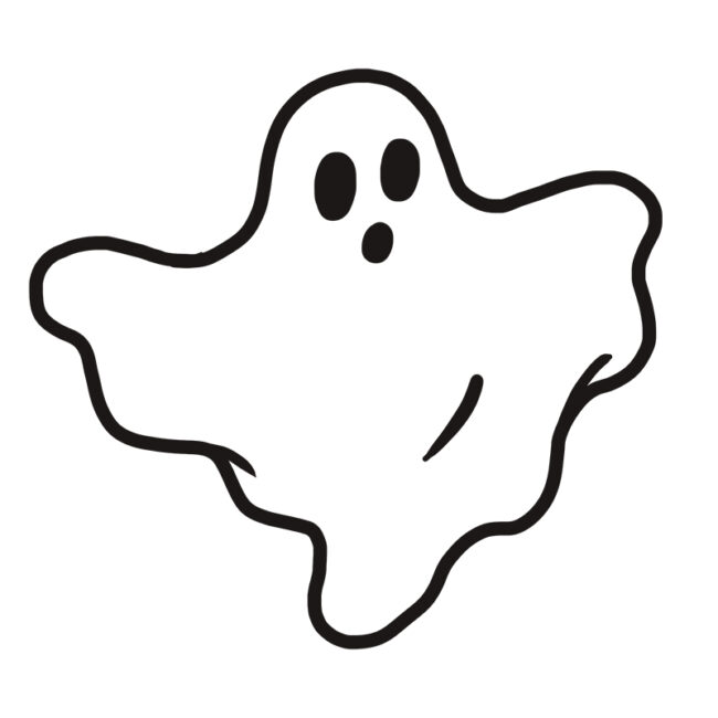 Eine einfache schwarz-weiße Strichzeichnung eines Gespenstes mit zwei ovalen Augen und einem kleinen runden Mund, mit fließenden, gewellten Kanten, die Bewegung suggerieren.