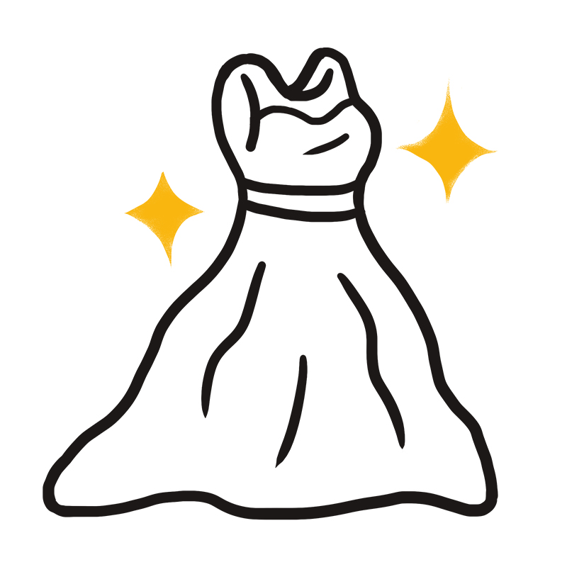 Eine einfache schwarze Umrisszeichnung eines eleganten, trägerlosen Kleides mit ausgestelltem Rock, begleitet von zwei gelben, funkelnden Sternen auf beiden Seiten, die Glamour oder Luxus suggerieren.